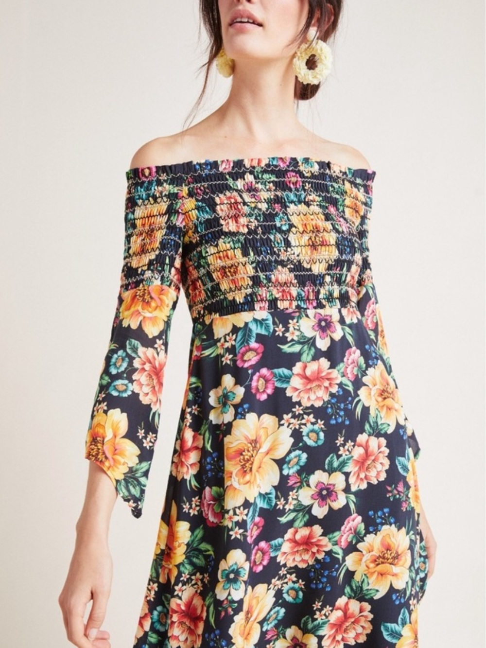 Farm Rio Sasha Off-the-Shoulder Dress Black Multi-Color Floral Smocked, Sz Lg